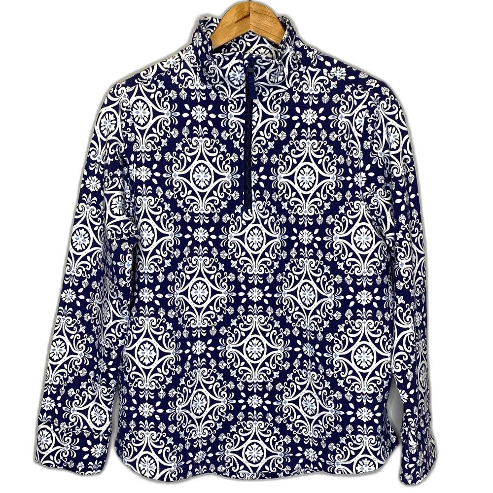 Vera Bradley Womens French Terry Quarter Zip Pullover Steel Blue Medallion